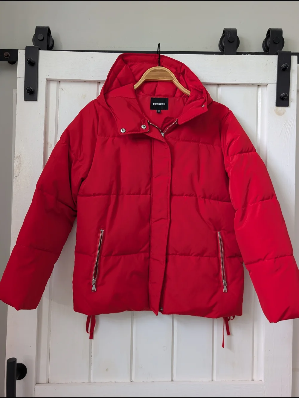 EXPRESS Red Puffer Jacket Hooded with Lace-Up Sides | Size